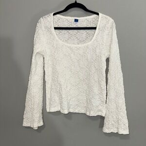 Old Navy Womens White Floral Textured Lace Scoop Neck Bell Sleeve Top Large L